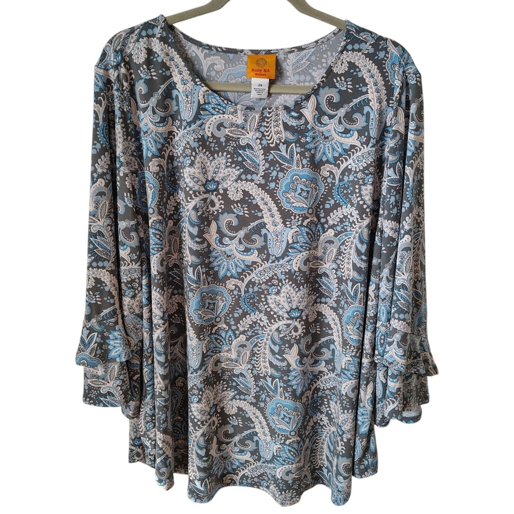 Ruby Rd. Woman Blouse Size 2X Gray Blue White Paisley‎ Liquid Knit Workwear